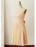 Peach Pink Lace Deep V Back Short Bridesmaid Dress 